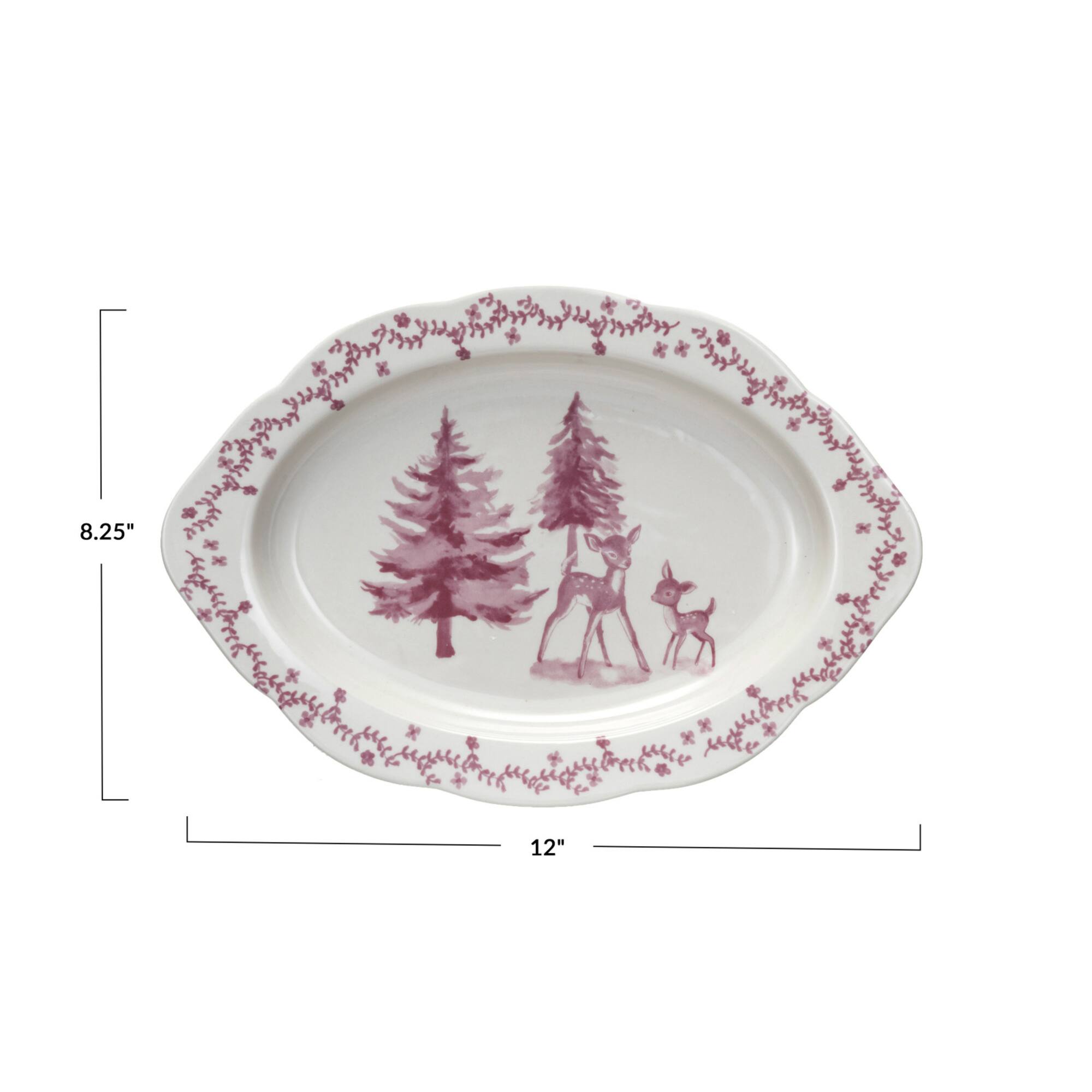 Hello Honey® 12" Pink & Cream Deer & Trees Stoneware Platter